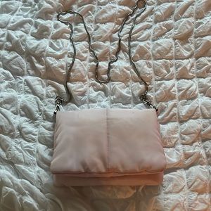 light purple purse with silver chain